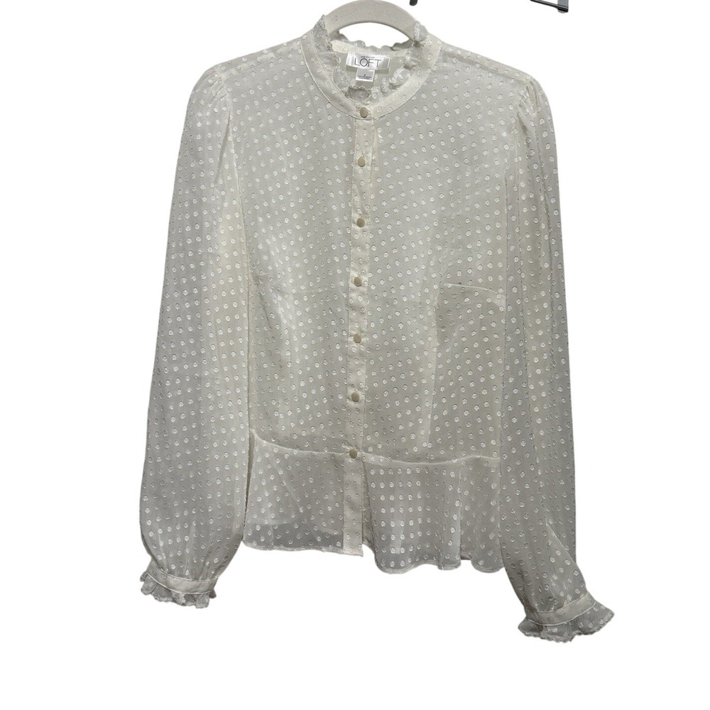 Ann Taylor Loft Blouse Women's 4 cream Polka Dots Sheer Ruffle Collar NWT Dainty